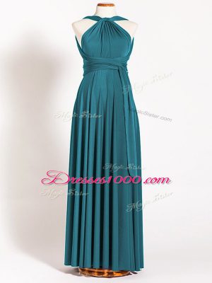 Captivating Sleeveless Chiffon Floor Length Backless Wedding Guest Dresses in Teal with Ruching