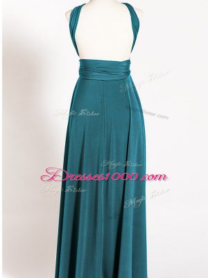 Captivating Sleeveless Chiffon Floor Length Backless Wedding Guest Dresses in Teal with Ruching