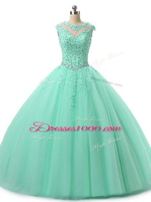 Most Popular Apple Green Ball Gowns Beading and Lace Quinceanera Dress Lace Up Tulle Sleeveless Floor Length
