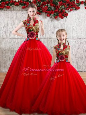 Top Selling Red Sleeveless Organza Lace Up Quinceanera Gowns for Military Ball and Sweet 16 and Quinceanera