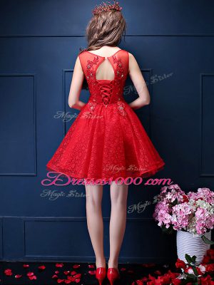 Nice Tulle Bateau Sleeveless Lace Up Beading and Lace Bridesmaid Dress in Orange Red