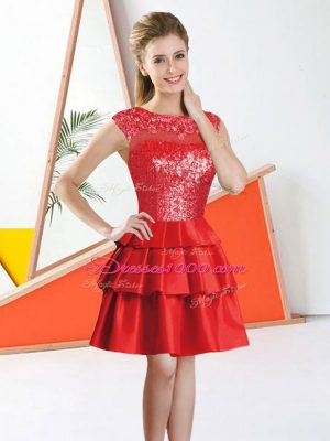 Red A-line Bateau Sleeveless Tulle Knee Length Backless Beading and Lace Vestidos de Damas