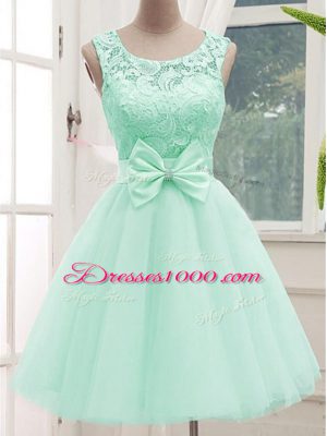 Trendy Lace and Bowknot Bridesmaid Dress Apple Green Lace Up Sleeveless Knee Length