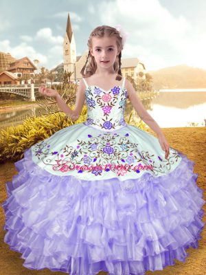 Gorgeous Straps Sleeveless Lace Up Little Girls Pageant Gowns Lavender Organza and Taffeta