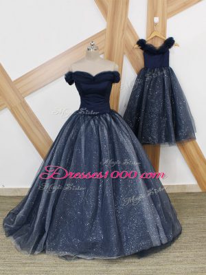 Off The Shoulder Sleeveless Brush Train Lace Up Prom Dress Navy Blue Tulle