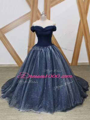 Off The Shoulder Sleeveless Brush Train Lace Up Prom Dress Navy Blue Tulle
