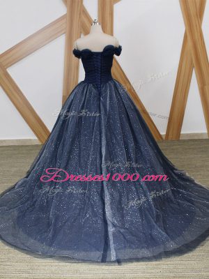 Off The Shoulder Sleeveless Brush Train Lace Up Prom Dress Navy Blue Tulle