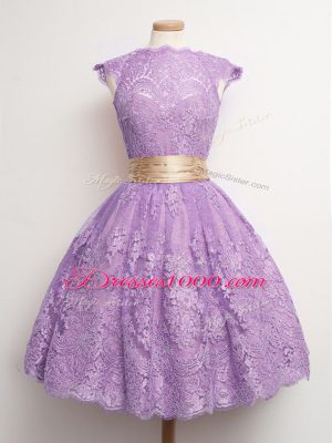 Elegant Lavender Cap Sleeves Belt Knee Length Bridesmaids Dress