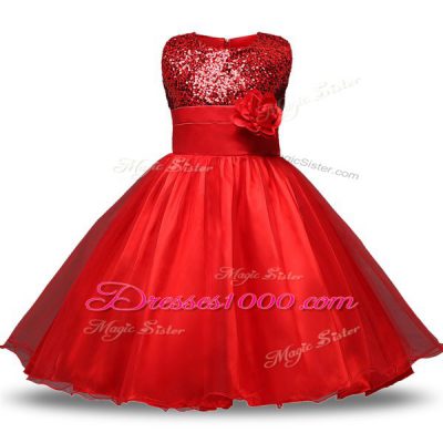 Extravagant Red Ball Gowns Organza and Sequined Scoop Sleeveless Bowknot and Belt and Hand Made Flower Knee Length Zipper Toddler Flower Girl Dress