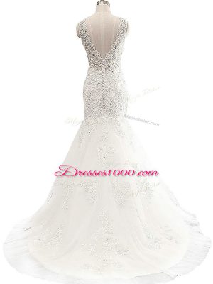 White Mermaid Lace Wedding Dress Clasp Handle Tulle Sleeveless