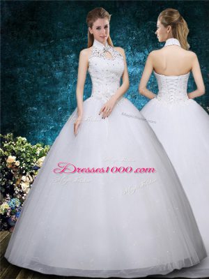 Floor Length Ball Gowns Sleeveless White Wedding Gown Lace Up
