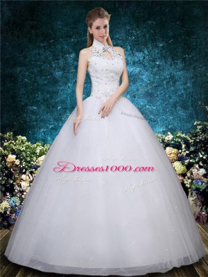 Floor Length Ball Gowns Sleeveless White Wedding Gown Lace Up