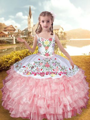 Baby Pink Sleeveless Floor Length Embroidery and Ruffled Layers Lace Up Party Dresses