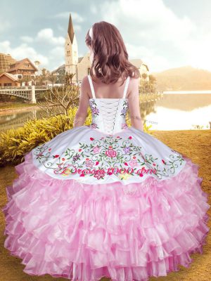 Baby Pink Sleeveless Floor Length Embroidery and Ruffled Layers Lace Up Party Dresses