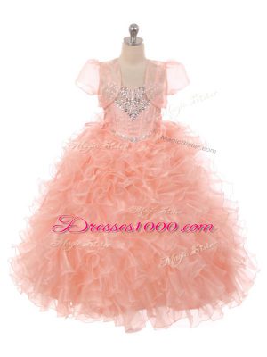 Cheap Peach Sleeveless Beading and Ruffles Floor Length Little Girl Pageant Dress