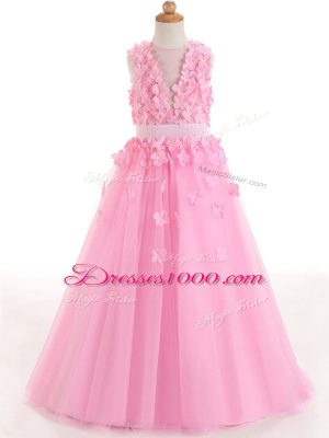 Scoop Sleeveless Little Girls Pageant Dress Wholesale Floor Length Appliques and Bowknot Rose Pink Tulle