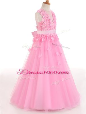 Scoop Sleeveless Little Girls Pageant Dress Wholesale Floor Length Appliques and Bowknot Rose Pink Tulle