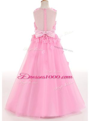 Scoop Sleeveless Little Girls Pageant Dress Wholesale Floor Length Appliques and Bowknot Rose Pink Tulle