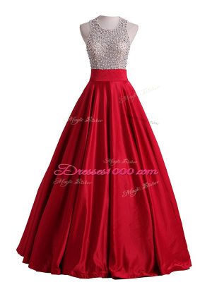Red Backless Prom Dresses Beading Sleeveless Floor Length