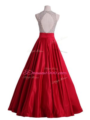 Red Backless Prom Dresses Beading Sleeveless Floor Length