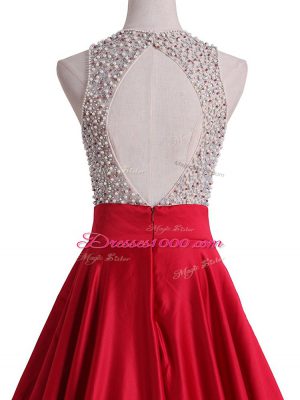 Red Backless Prom Dresses Beading Sleeveless Floor Length