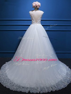 Admirable Ball Gowns Sleeveless White Wedding Gown Brush Train Backless