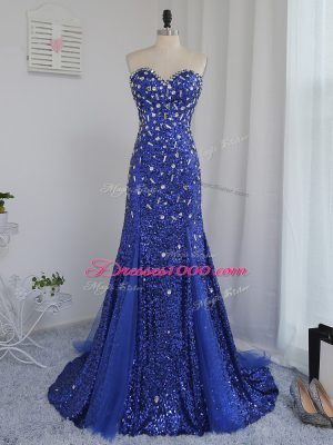 Ideal Beading and Sequins Prom Party Dress Royal Blue Zipper Sleeveless Brush Train