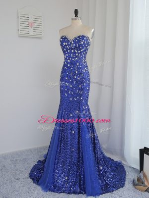 Ideal Beading and Sequins Prom Party Dress Royal Blue Zipper Sleeveless Brush Train