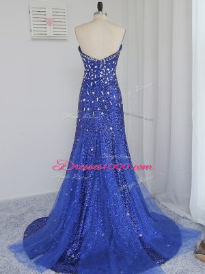 Ideal Beading and Sequins Prom Party Dress Royal Blue Zipper Sleeveless Brush Train