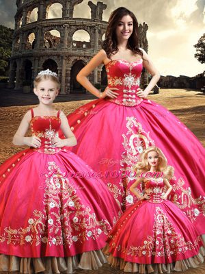 Hot Pink Taffeta Lace Up Sweetheart Sleeveless Floor Length Vestidos de Quinceanera Beading and Embroidery