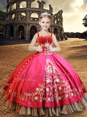 Hot Pink Taffeta Lace Up Sweetheart Sleeveless Floor Length Vestidos de Quinceanera Beading and Embroidery