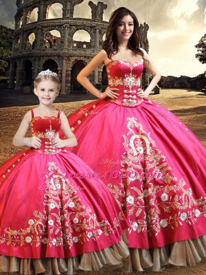 Hot Pink Taffeta Lace Up Sweetheart Sleeveless Floor Length Vestidos de Quinceanera Beading and Embroidery