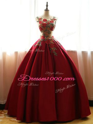 Floor Length Lace Up Quince Ball Gowns Wine Red for Military Ball and Sweet 16 and Quinceanera with Appliques