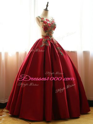 Floor Length Lace Up Quince Ball Gowns Wine Red for Military Ball and Sweet 16 and Quinceanera with Appliques