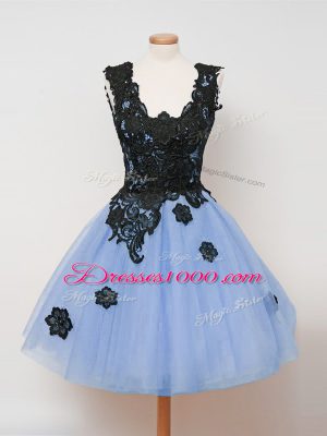 Sleeveless Tulle Knee Length Zipper Wedding Guest Dresses in Light Blue with Lace