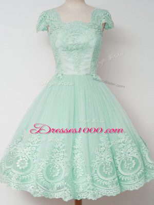 Excellent Cap Sleeves Knee Length Lace Zipper Dama Dress with Apple Green