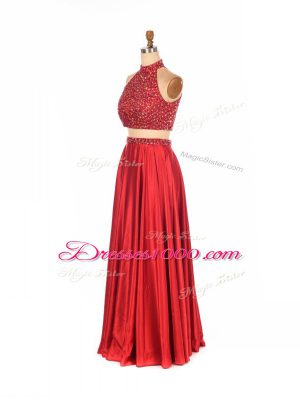 Superior Sleeveless Elastic Woven Satin Floor Length Backless Prom Dresses in Red with Beading