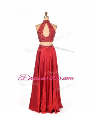 Superior Sleeveless Elastic Woven Satin Floor Length Backless Prom Dresses in Red with Beading