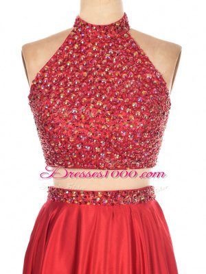 Superior Sleeveless Elastic Woven Satin Floor Length Backless Prom Dresses in Red with Beading