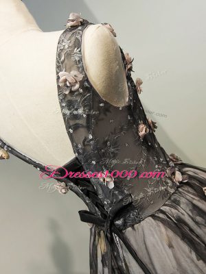 Black Lace Up Hand Made Flower Sleeveless Mini Length