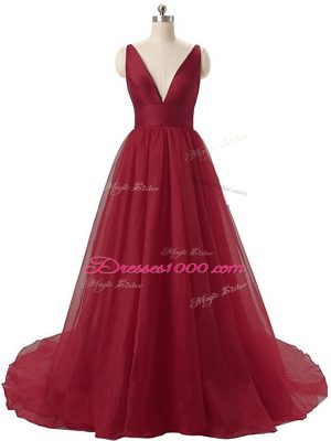 Inexpensive Burgundy Sleeveless Organza Brush Train Backless Red Carpet Prom Dress for Prom and Party and Military Ball and Beach
