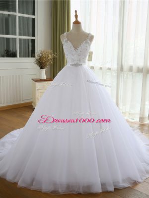 White Bridal Gown Beach and Wedding Party with Beading and Lace and Appliques V-neck Sleeveless Court Train Lace Up