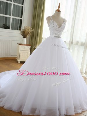 White Bridal Gown Beach and Wedding Party with Beading and Lace and Appliques V-neck Sleeveless Court Train Lace Up