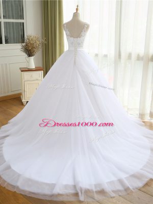 White Bridal Gown Beach and Wedding Party with Beading and Lace and Appliques V-neck Sleeveless Court Train Lace Up