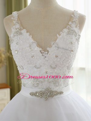 White Bridal Gown Beach and Wedding Party with Beading and Lace and Appliques V-neck Sleeveless Court Train Lace Up