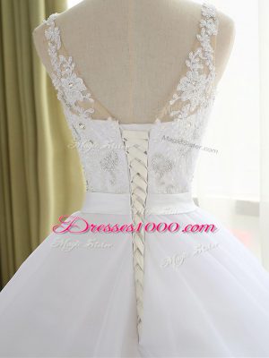White Bridal Gown Beach and Wedding Party with Beading and Lace and Appliques V-neck Sleeveless Court Train Lace Up
