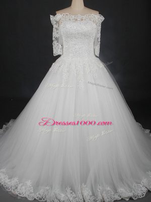 Latest Floor Length Ball Gowns Half Sleeves White Wedding Dresses Lace Up