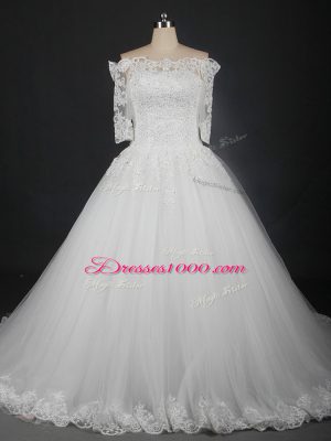 Latest Floor Length Ball Gowns Half Sleeves White Wedding Dresses Lace Up