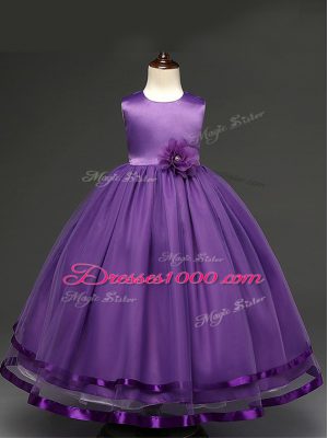 Attractive Floor Length Zipper Little Girls Pageant Dress Purple for Wedding Party with Hand Made Flower