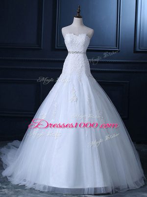 Traditional Lace Up Wedding Dresses White for Wedding Party with Beading and Lace Court Train
